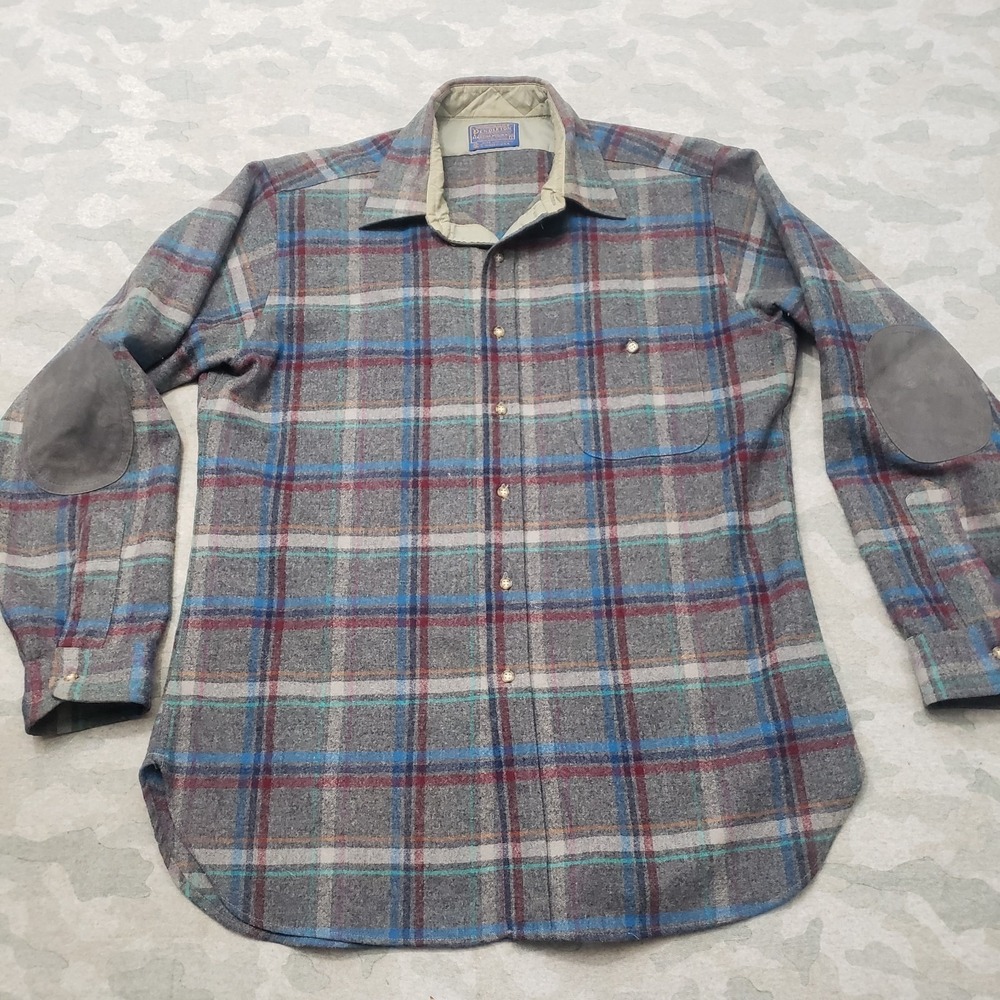 Vintage Pendleton Shirt Men Large Gray Wool Plaid Western Long Sleeve Button 70s